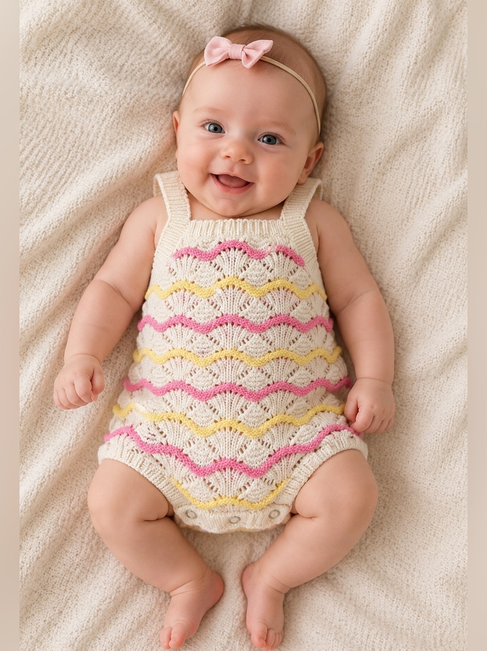 Old Navy Cream Knit Baby Romper with Pink and Yellow Waves